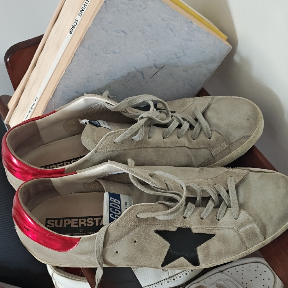 Golden Goose Beige Suede Sneakers with Black Star and Red Heel